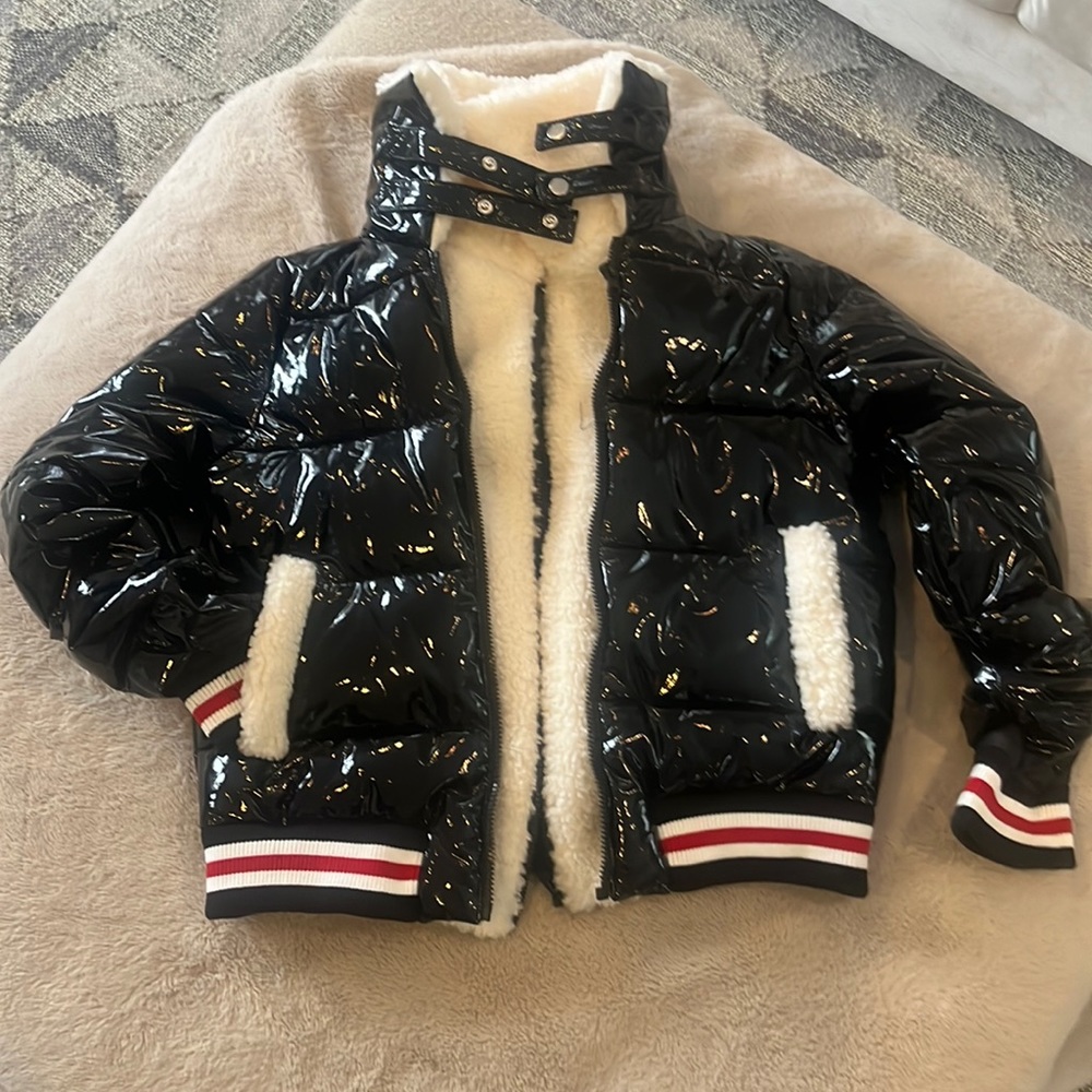 Azalea Wang small bomber/raincoat double zippered, black and white with red trim